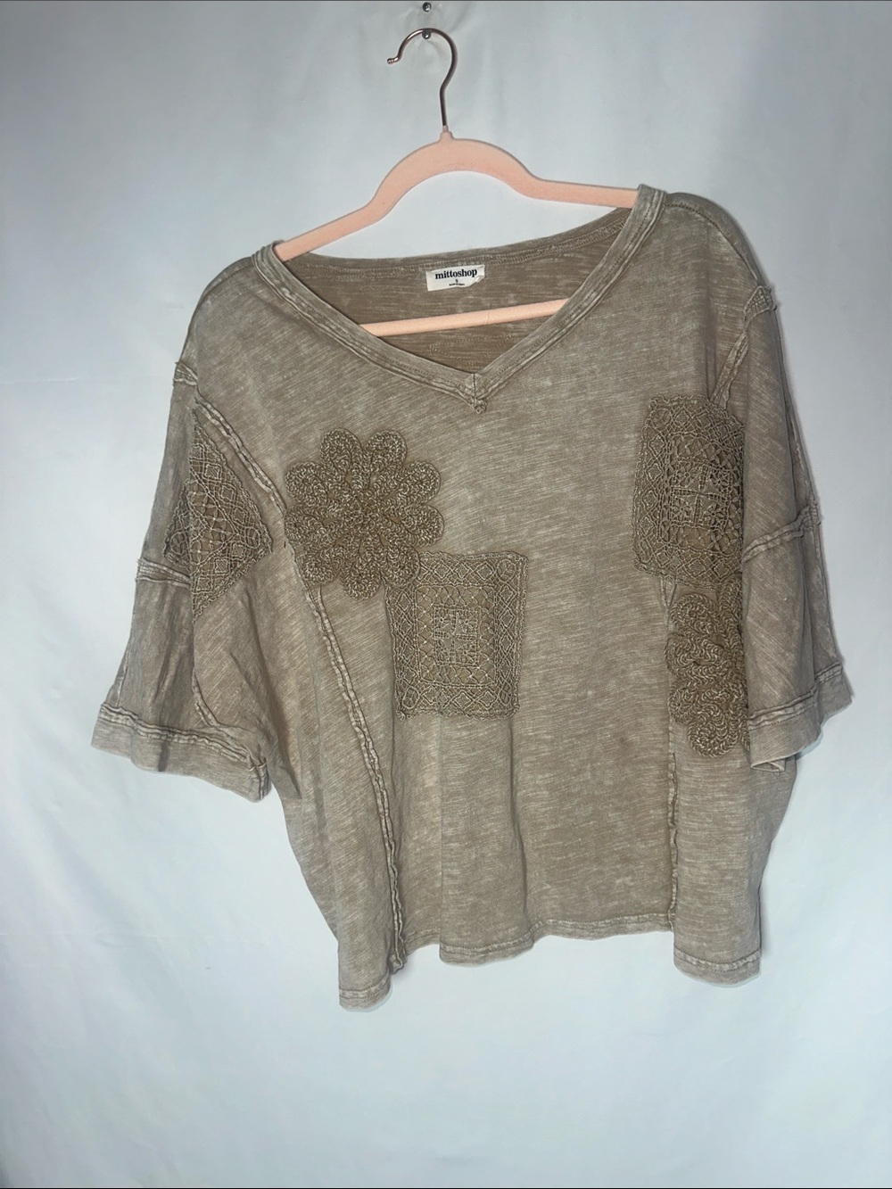 mittoshop Taupe Crochet Appliqué V-Neck Tunic